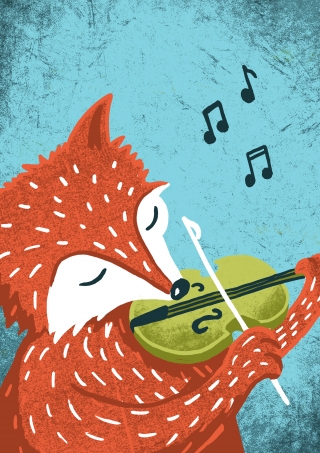 Orange Fox with green Fiddle playing  a tune