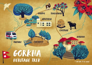 Illustrated Map of Gorkha Heritage Trek in Gorkha District, Nepal