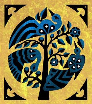 Birds in a tree, style inspired by Indonesian traditional art