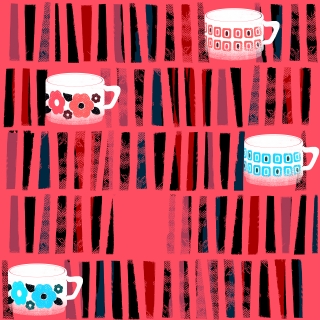 grandma coffee cups seamless pattern inspired by white arcopal design coffee cups and mugs from the fifties with floral decor and geometric design on pink background with stripes