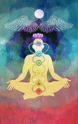 Kundalini and  chakras, man sitting in yoga lotus position,  on rainbow colored background