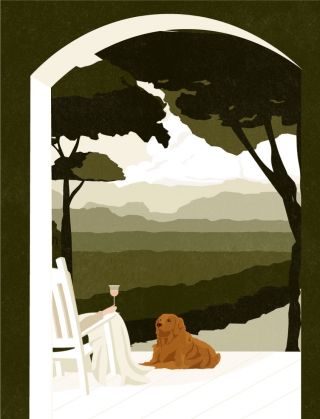 Man enjoying a glass of wine on his porch, at sunset, with his dog.