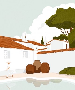 Man walking around a typical Spanish house on a summer day.  Illustration inspired by a Francois Halard photograph, Vogue, June 2005.