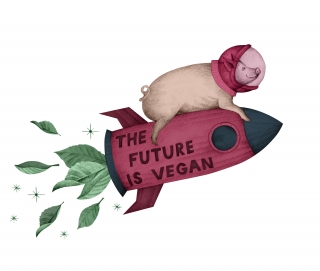 pig flying on the 'the future is vegan' pink rocket