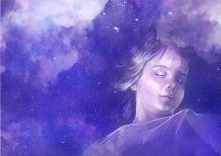 A sleeping girl on the background of the starry night sky.