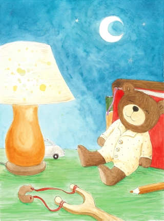 Good night, watercolour book illustration, teddy bear, moon, children room