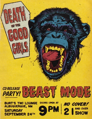 Punk rock concert poster with coffin logo and blue screaming chimpanzee character in vintage comic book colors