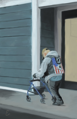 Frail old man American military veteran in biker vest walking slowly down a small town street with a walker