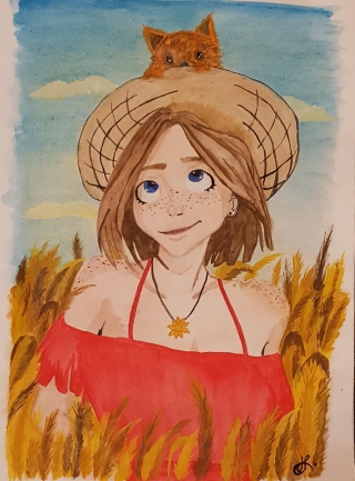 A girl with a cat and hat in oat field