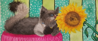 A sitting cat smelling a sunflower