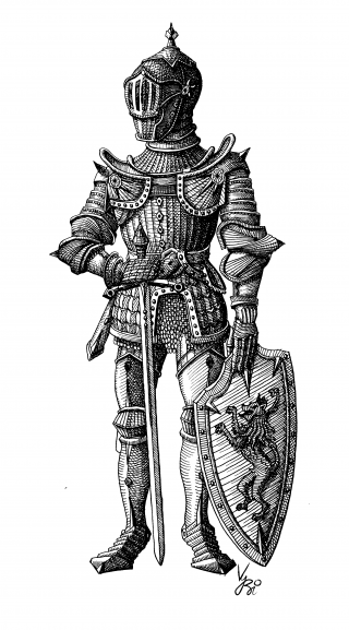 Knight armor illustration in old etching style