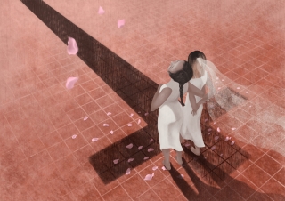 Two women at their wedding day with a shadow of a cross