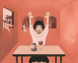 Asian girl at school classroom with hands up as she have lunch and let fall the apple on the desk