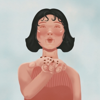 Girl with ladybugs in her hand 
