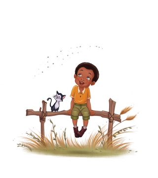 A little boy and his cat on a fence