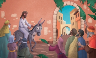 Jesus entering Jerusalem on a donkey.jpg