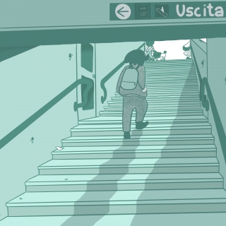 A boy walking out of the underground