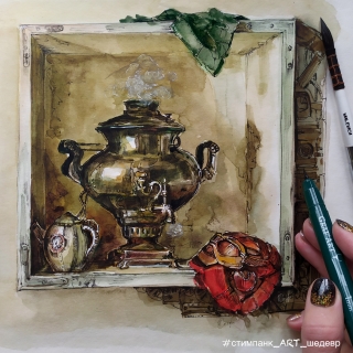 Акварель, тушь. Стимпанк натюрморт.JPG