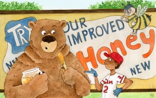 A bear eating honey next to a boy - Amelina Jones Illustrations.jpg