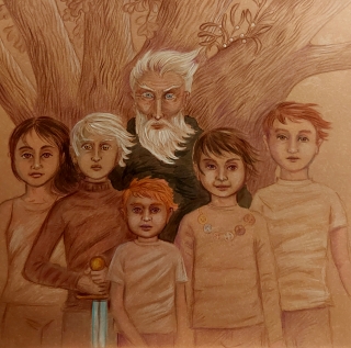 The dark is rising.  Merlin and a group of children under a tree.jpg