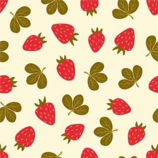 Seamless vector vegetal pattern with stylized tasty red strawberries and cute green leaves on beige background.	.jpg