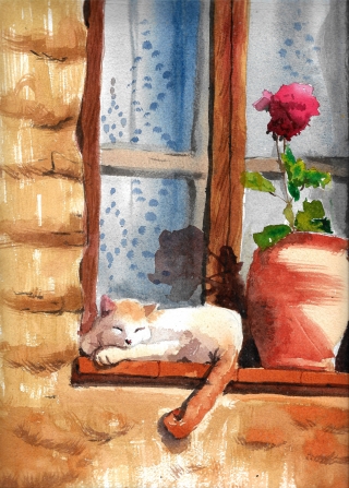 Watercolor Painting of a Cat on the Window.jpg