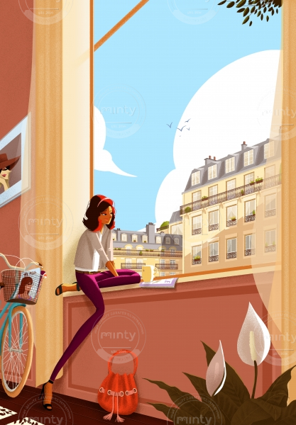 Young girl sitting on the window enjoying Paris moments