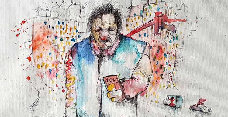 Alcoholic man walking in the city drinking