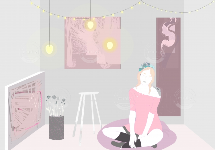 Artist sitting on floor in her room