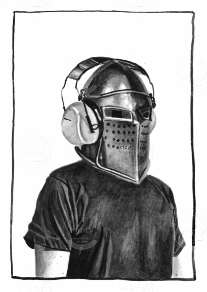 Person wearing helmet and headphones to protect hearing