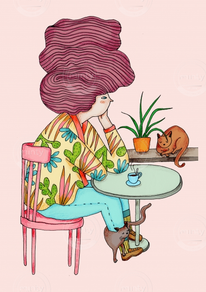 Woman sitting in coffee place with cats 