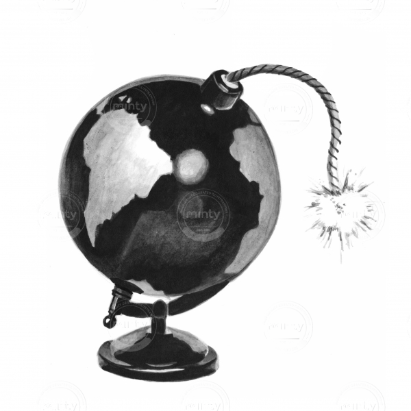 The world as a globe bomb with a lit fuse