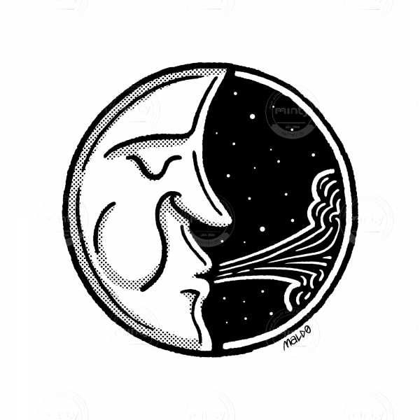 A sleeping moon on a night-sky with stars, blowing air