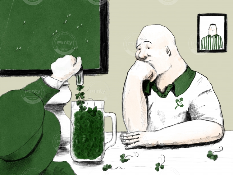 Leprechaun pours the clover instead the beer for sad man in the sport bar 