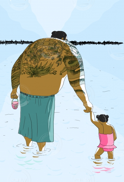 Big father bathes his little daughter in the lake