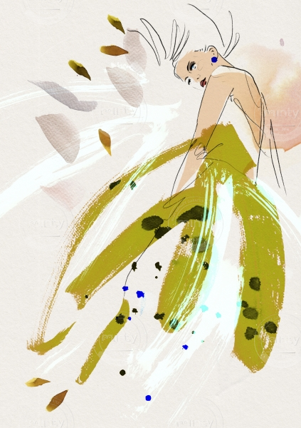 Woman in a green flying dress waiting in the wind