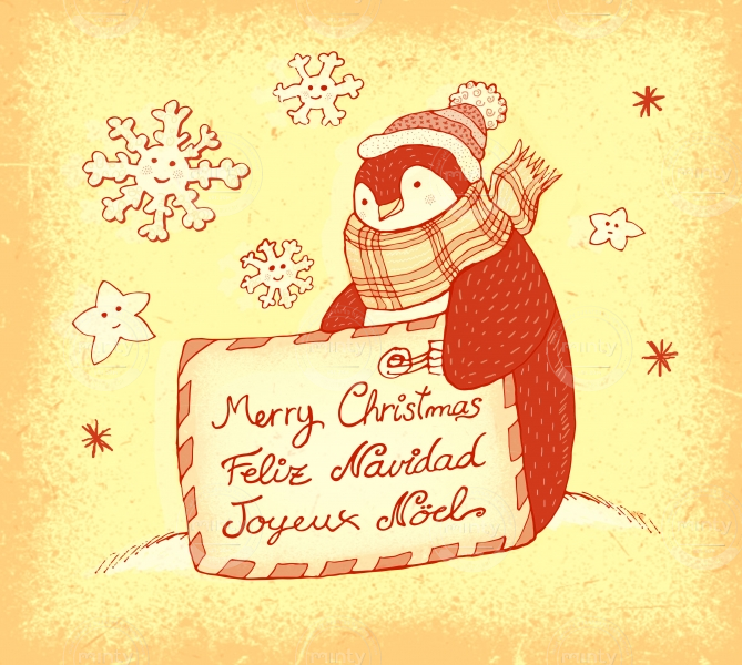 Penguin with Christmas card in winter