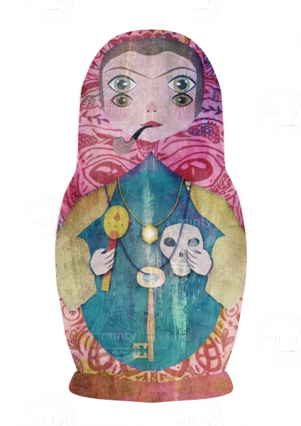 Colorful matryoshka with a pipe, skull an key an four eyes