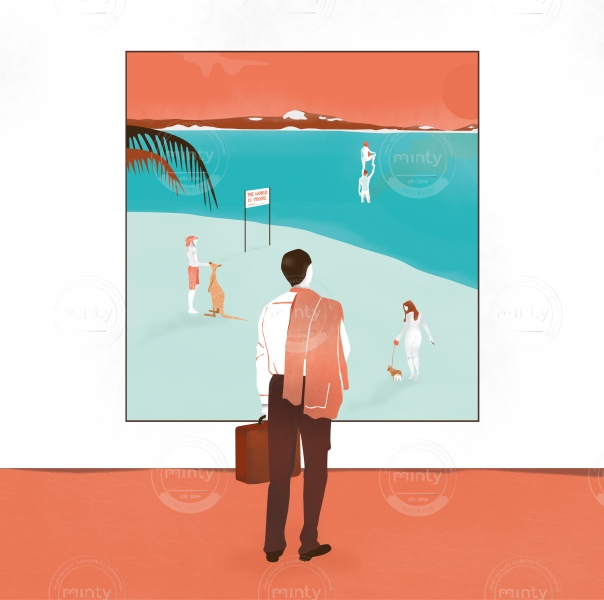 Holiday man standing in front of the picture of the beach 