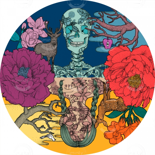 On the other side-  skull and girl among the flowers 