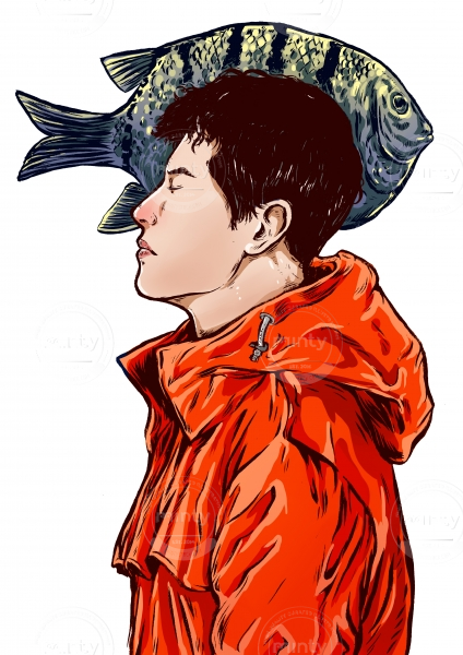 Young man with eyes closed, dressed in red and a big fish in the background