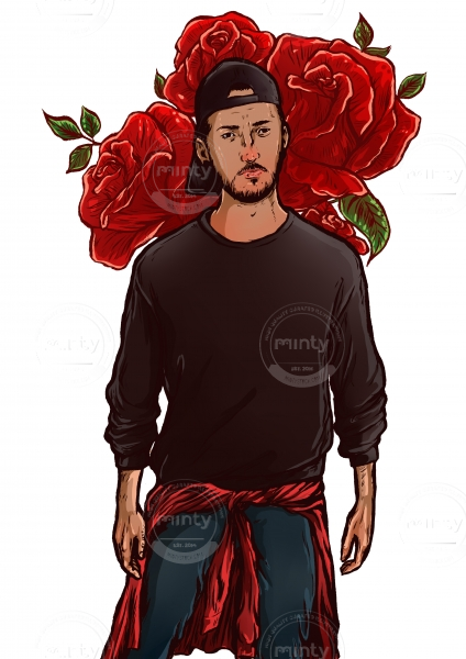 Young cool man  with cap on and roses in his back 