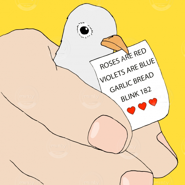 Pigeon with absurd love poem 