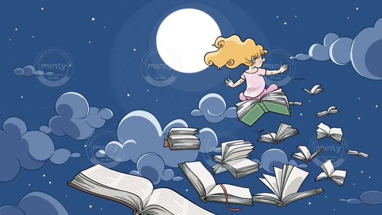 Girl flies in the night on a flock of books