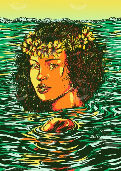 Summer girl swimming in a lake with flower braid in her hair