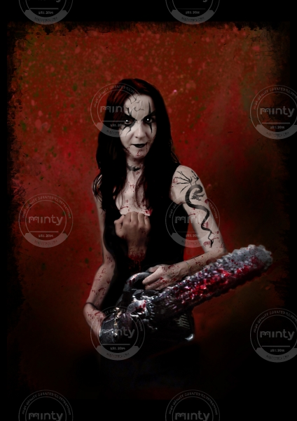 tattooed girl with bloody chainsaw