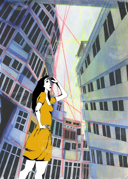 Girl in an orange dress shading her eyes on a city street between tall buildings.