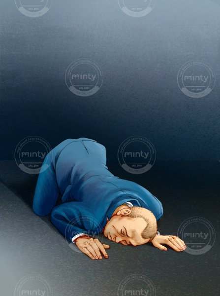 Sleeping: A man in a business suit lying on the floor 