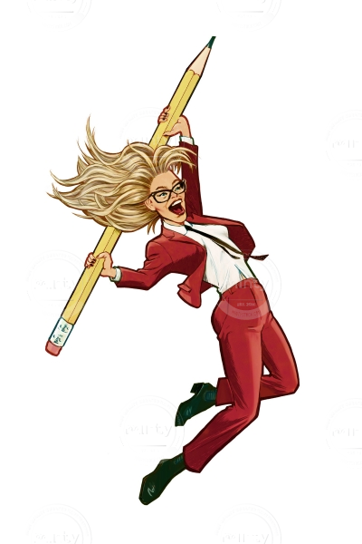 A blonde woman jumping with a huge pencil held over her head 