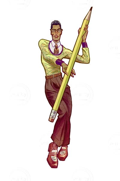 A brown skinned man dressed in 1920ies fashion posing with a huge pencil in his hands 